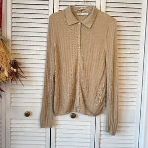 Zara beige Ribbed Button-Up Cardigan, Silk - L